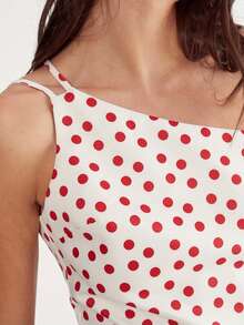 Women One-Shoulder Top, Sleeveless Dots Print Irregular Slim Fit Tank Top Summer Clubwear - Đỏ - Xem 4