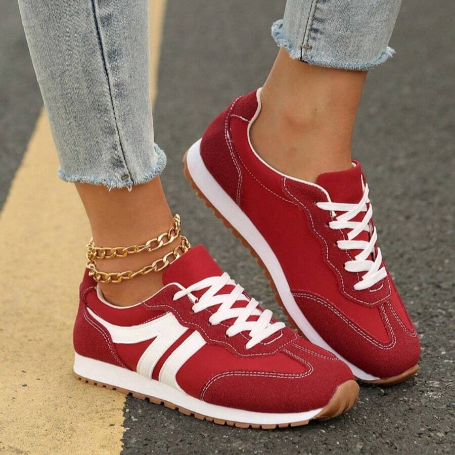 Contrast Color Sports Shoes For Women, Lace-Up, Light And Breathable, Suitable For Walking Outside And Commuting At Home - Red - View 1