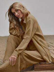 Women's Two-Piece Suit, Consisting Of Palazzo Pants + Long-Sleeved Blouse, With Adjustable Belt And Pockets, Made Of High-Quality Fabric, With Very Good Texture. - Màu Khaki - Xem 2