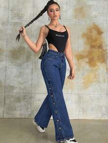 时尚复古侧开衩纽扣门襟阔腿牛仔裤，适合春夏秋冬、返校、晚宴和休闲装 - 藍色 - 查看 6