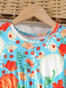 年轻女孩可爱南瓜和叶子印花及膝荷叶边下摆喇叭袖公主裙，适合秋季节日和万圣节