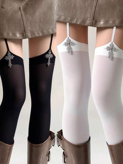 Three-Dimensional Cross Suspenders Integrated Knee-High Socks Lolita Velvet Black And White Solid Color Girl Stockings, Y2k