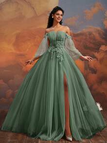 VIPGIRL Off-Shoulder Green Sheer Evening Gown, Decorated With Floral Appliques, Romantic Formal Dress, Fairy Princess Formal Gown, High Slit Dress, Garden Wedding Guest Dress, Elegant A-Line Sheer Dress - Green - View 5