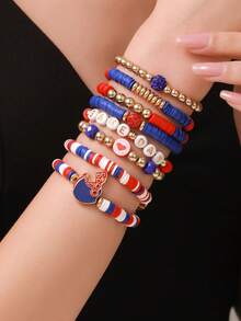 比赛日手链 女士足球手链 红黑蓝 聚合物粘土串珠弹力手链 可叠戴 运动足球手链 手镯 足球妈妈配饰 服装 珠宝礼品