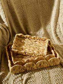 Cirelle 3 chiếc/1 chiếc Giỏ đan thủ công bằng mây, Giỏ đựng đồ hình chữ nhật bằng lục bình có cạnh hình vỏ sò, Khay mây trang trí cho bàn cà phê & đồ trang trí nội thất, Giỏ quà tặng Halloween & Giáng sinh - Màu Khaki - Xem 5