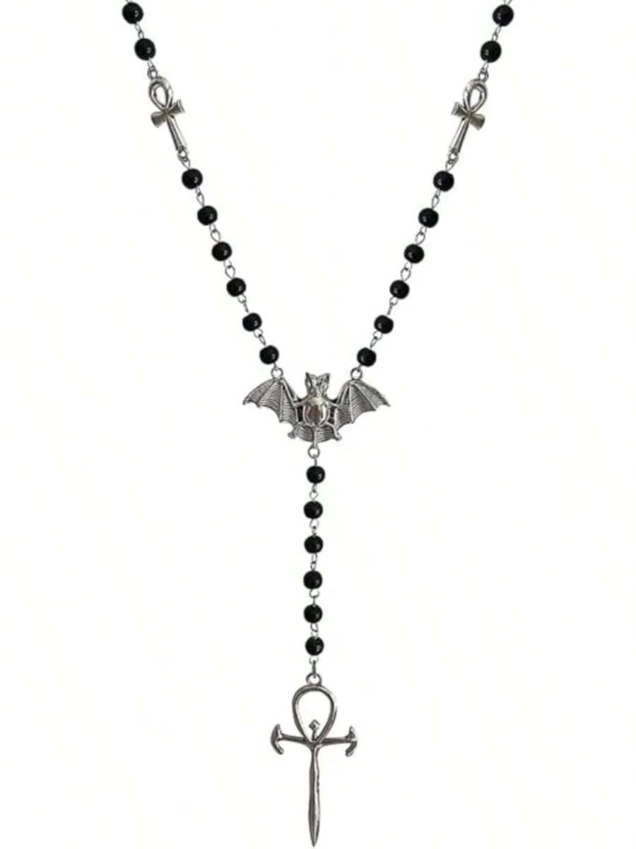 Ankh Cross Bat Necklace Religious Grunge Gothic Vampire Black Long Rosary Beaded Ancient Egyptian Necklace For Women2025 - 1 - Xem 1