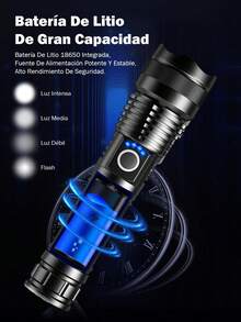 Linterna portátil multifuncional LED para exteriores, con batería de litio y material de alta resistencia, 5 modos, linterna recargable con zoom, batería externa para cargar teléfonos, pantalla del nivel de batería en tiempo real, adecuada para uso en exteriores, hogar, senderismo, ciclismo, pesca, coche, iluminación de emergencia - Negro - Ver 8