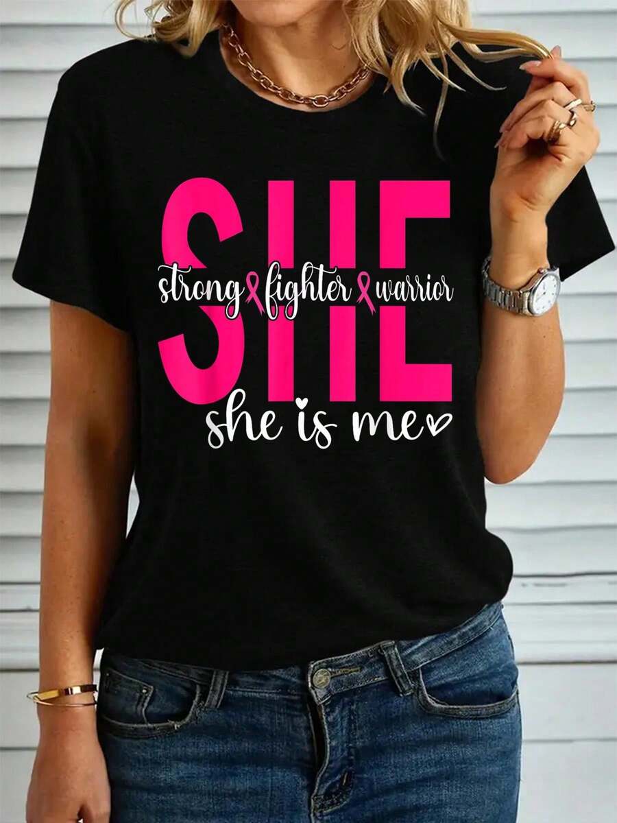 Strong Fighter She Is Me Breast Cancer Awareness T-Shirt, Graphic Tees Women - màu đen - Xem 1