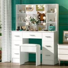 NUEVO juego de tocador con luces LED, espejo, tocador, taburete y 10 estantes - Perfect For Organizing Makeup, Skincare, Elegant Vanity|Decorative Vanity, Vanity Furniture, Compact For Small Space, Bedroom Decor Gift, Perfect Gift For Women Girls , Ideal para regalos de Navidad y Halloween. - Blanco - Ver 1