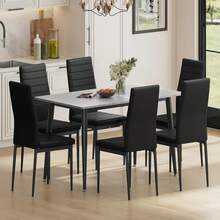 Dining Table And Chairs Set Of 6, 120CM Marble Effect Dining Table With 6 Faux Leather High Back Dining Chairs,Modern Dining Table Set For Home/Kitchen Office - Grey Table and 6 Black Chairs - View 4