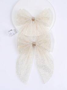 2 件白色米色薄纱蝴蝶结发饰，适合女婴，大号蝴蝶结鳄鱼夹，素色优雅网眼发夹，幼儿女孩蝴蝶结夹，婚礼发夹，儿童婴儿发饰