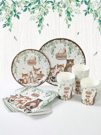 林地动物主题生日一次性餐具，丛林装饰野生装饰绿色森林装饰派对装饰纸质餐具餐具，林地动物派对装饰生日装饰婴儿淋浴装饰
