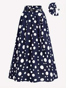 Women's High Waist Pleated Printed Skirt - Navy Blue - View 1