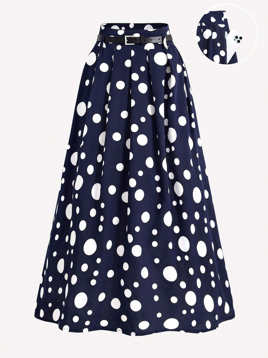 Women's High Waist Pleated Printed Skirt - Navy Blue - View 1