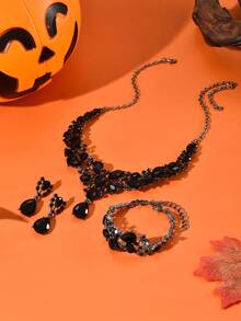 Bộ trang sức 3/4 món phong cách Gothic màu đen gồm mặt dây chuyền, bông tai và vòng tay dành cho nữ, thích hợp cho tiệc Halloween, phong cách đường phố, làm quà tặng hoặc đeo hàng ngày. - đen - Xem 4