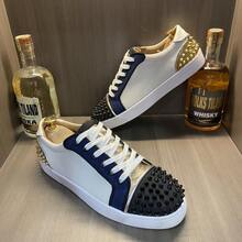 Red Sole Sneakers With Rivets Men, Casual Versatile Lace-Up Shoes - White Counter Version - View 8