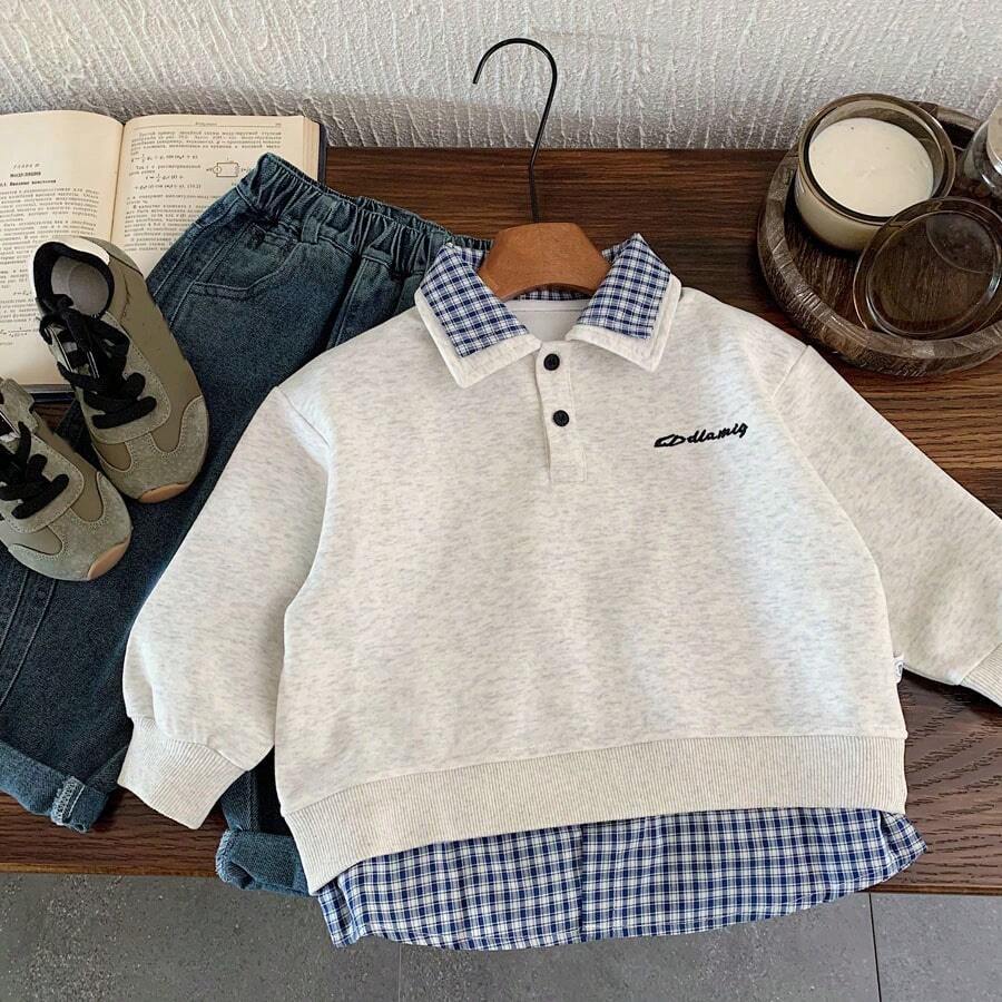 (Order One Size Down) 2025 Autumn New Young Boy Casual 2 In 1 Dual Collar Fashionable Personalized Pullover Sweatshirt, Versatile - Grey - View 1