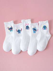 5 Pairs Of Children's/Girls' School Socks, Sports Socks, Cute Stitch Star Heart Pattern Decoration, Fashionable , Soft, Skin Friendly, Comfortable, Sweat Absorbing, Breathable, Sports And Leisure Versatile Mid Tube Socks Suitable For Students' Daily Wear Back To School/Holiday Gifts/Travel