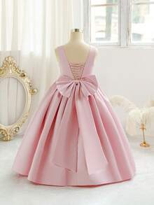 少女优雅蝴蝶结后背深 V 领公主裙，适合生日派对、婚礼、花童、舞会、节日场合 - 粉色 - 查看 3