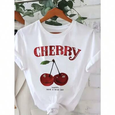 Plus Size Women's Casual Short Sleeve Crew Neck T-Shirt - Cherry Graphic Print With Bold Red Lettering & Happy Have A Nice Day Design, Pink Relaxed Fit Machine Washable Top For Spring & Summer, Ladies T Shirts, Summer Outfit, Soft Fabric, Printed Shirt, Summer Wardrobe It Is Preferred With Jeans, Slacks, And Beach Pants