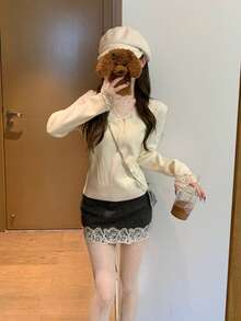 甜美蕾丝边V领长袖针织毛衣，韩版设计蝴蝶结吊带背心套头衫 - 白色 - 查看 5