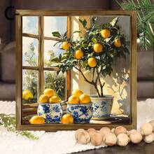 1 pièce Décoration murale de nature morte de style campagnard avec citrons - Décoration de cadre en bois rustique avec bocaux en porcelaine bleue et blanche, citrons brillants et scènes de fenêtre ensoleillée, parfait pour la maison, la cuisine, le bureau ou le garage, décoration saisonnière, décoration de cuisine au citron