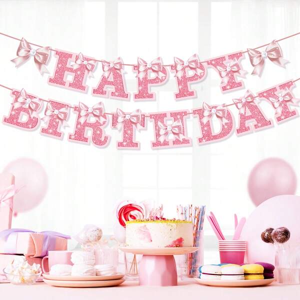 Pink Bow Glitter Birthday Banner, Bow Theme Party Garland, Birthday Decoration