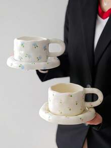 1 Set Floral Ceramic Coffee Cup & Saucer Set, Large Capacity Hand-Painted Ceramic Cup With Coaster, Heart/Flower Pattern, Vintage Style Coffee/Afternoon Tea Dinnerware, Suitable For Spring Brunch, Country Gathering, Women, Commercial Use, And Gifting - Multicolor - View 7