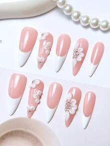 nailrosy 10Pcs Acrylic Handmade Press On Nails KitLong  Almond White Pink French Elegant Fake Nail Tips For Women Daily Reusable Wedding Birthday Party Chic Old Money Y2k Gel 3D Floral - trắng - Xem 4