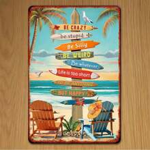 1pc Retro Beach Surfboard Metal Tin Sign, Iron Wall Art Decor With Inspirational Quotes, Vintage Style Poster For Cafe, Bar, Beach House - 8x12 Inches - 彩色 - 查看 5