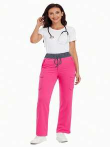 cimmuovere 女士撞色弹力裤，舒适裤子，纯色简约多口袋裤