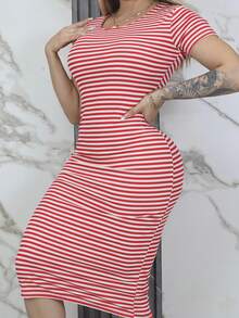 vestido tipo lapiz largo vestido mas top del momento vestido de rayas  vestido basico manga corta pegado al cuerpo para toda la ocasion  A rayas  Color combinado    Casual  Fiesta    ABERTURAS - Rojo - Ver 5