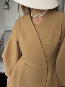 女士优雅驼色羊毛混纺大衣，纯色梭织面料，休闲、晚宴、办公场合皆宜。 - 卡其色 - 查看 6