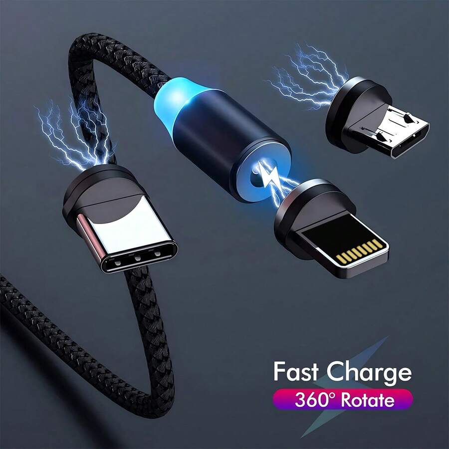 3-In-1 USB To Type-C + Lightning + Micro USB Fast Charging Cable, Magnetic, 3.3FT/100cm, Compatible With IPhone Compatible With IPhone, Android, Camera, MP3 Charger Travel Universal Adapter - Black - View 1