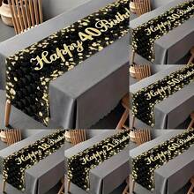 1pc 18 21 30 40 50 60 Years Old Happy Birthday Polyester Table Runner, 1pc Black & Gold Glitter Tablecloth, Birthday Party Decorations & 30 40 50 Anniversary Retirement Party Supplies, Suitable For Holiday Restaurant And Kitchen Decor, Also Can Be Used For Outdoor Theme Parties