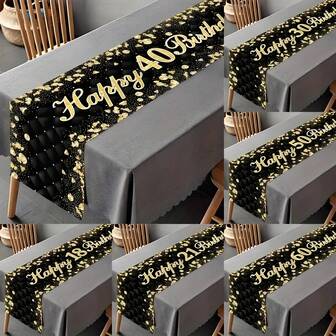1 pieza Tapete de mesa de poliéster con "18 21 30 40 50 60 Años Feliz Cumpleaños", 1 pieza Mantel negro y dorado con brillo, Decoraciones de fiesta de cumpleaños y suministros para fiestas de aniversario 30 40 50, Adecuado para decoración de restaurantes y cocinas, también se puede usar para fiestas al aire libre