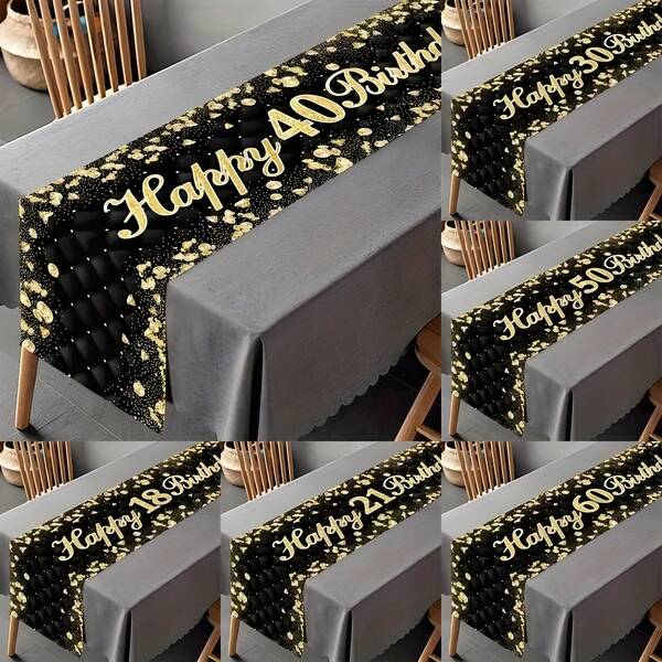 1pc 18 21 30 40 50 60 Years Old Happy Birthday Polyester Table Runner, 1pc Black & Gold Glitter Tablecloth, Birthday Party Decorations & 30 40 50 Anniversary Retirement Party Supplies, Suitable For Holiday Restaurant And Kitchen Decor, Also Can Be Used For Outdoor Theme Parties