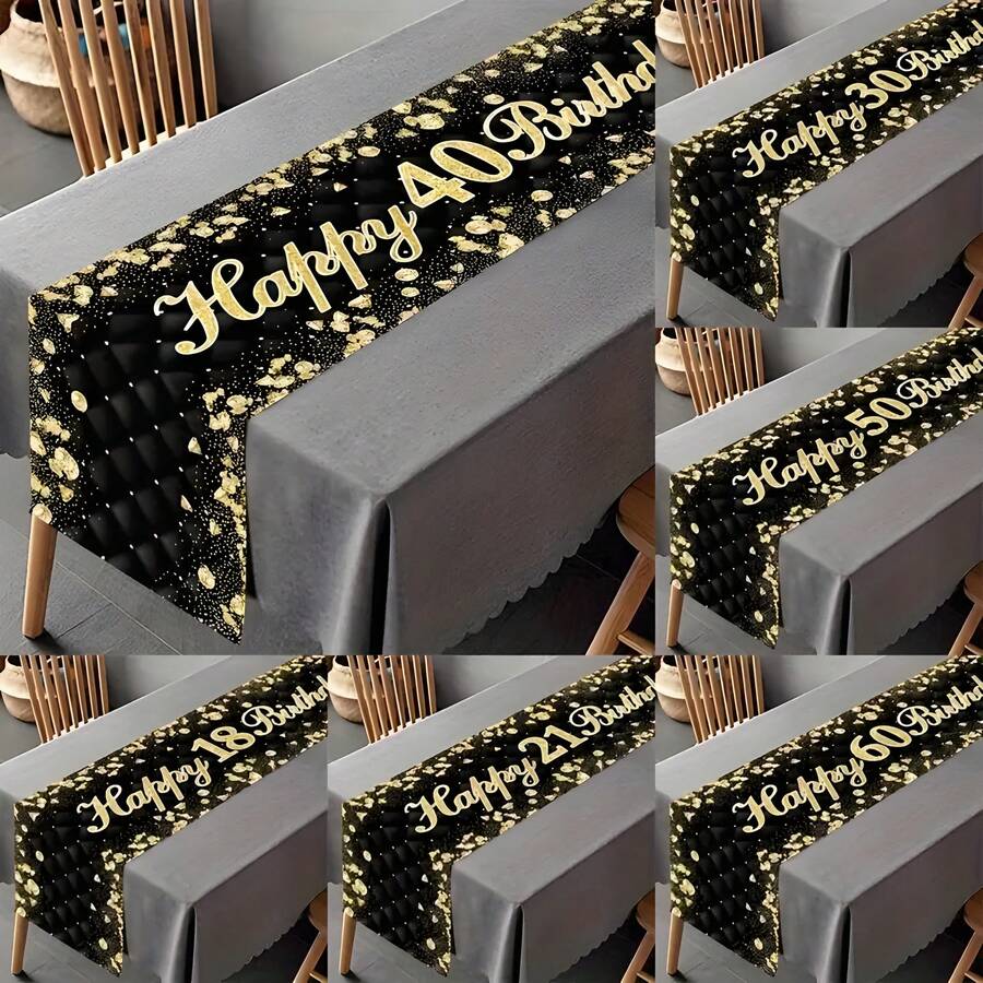 1pc 18 21 30 40 50 60 Years Old Happy Birthday Polyester Table Runner, 1pc Black & Gold Glitter Tablecloth, Birthday Party Decorations & 30 40 50 Anniversary Retirement Party Supplies, Suitable For Holiday Restaurant And Kitchen Decor, Also Can Be Used For Outdoor Theme Parties