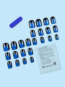 24Pcs Short Square Press-On Nails, Navy Blue Ombre Design Manicure Set, Suitable For Party, Ball, Or Daily Wear Nail Supplies Nails