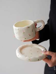 1 Set Floral Ceramic Coffee Cup & Saucer Set, Large Capacity Hand-Painted Ceramic Cup With Coaster, Heart/Flower Pattern, Vintage Style Coffee/Afternoon Tea Dinnerware, Suitable For Spring Brunch, Country Gathering, Women, Commercial Use, And Gifting - Multicolor - View 13