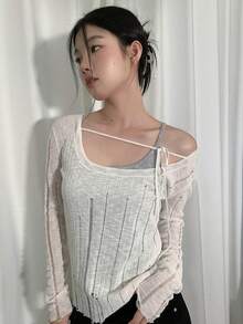 Apricot Oversized Crew Neck Slim Fit Ripped Knitted Top With Shoulder Cut-Outs, Tie Bow Design, Long Sleeve Cover Up Shawl Jacket For Women, Sun Protection - Apricot - View 9