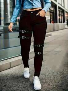 Quần jean denim màu tương phản phong cách miền Tây dành cho nữ, khóa cài hình trăng lưỡi liềm, màu đen - than đen - Xem 3