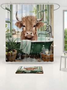 1/4 Pcs Cute Highland Cow Bathroom Set - Christmas Red Hat Shower Curtain, Bath Mat And Toilet Seat Cover - Adorable Farm Animal Design Bathroom Decor - Multicolor - View 20