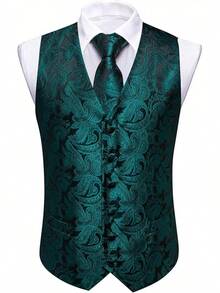 Formal Men Vest V-Neck Suit Vests Tie Bowtie Set Paisley Jacquard Waistcoat Clip Hanky Cufflink Lapel Pin Wedding 8PCShalloween - 墨綠色 - 查看 3