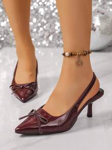 Sapato Mule de Salto Fino com Decoração em Laço, Estilo Francês de Bico Fechado Slip-On para Mulheres Plus Size