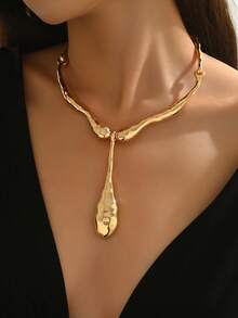 1 件不对称几何金属光泽拼接大泪珠吊坠项链，百搭，适合女性日常佩戴、节日、派对和各种场合 - 金黃色 - 查看 1