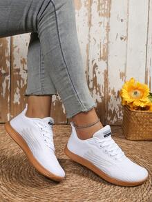 Calçados esportivos femininos plus size, ajuste largo, com decoração de patchwork, tecido de renda frontal, descalços, adequados para esportes ao ar livre, uso casual, calçados antiderrapantes para caminhada - Branco Marrom - Ver 4