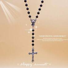 1pc Black Elegant Classic Pearl Long Necklace With Fashionable Cross Pendant, Beaded Chain Necklace, Versatile Accessory For Women & Men, Suitable For Party, Daily Wear, School, Travel