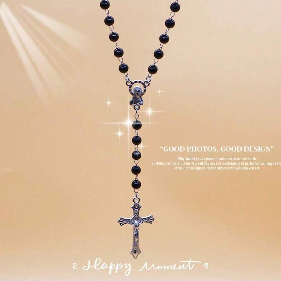 1pc Black Elegant Classic Pearl Long Necklace With Fashionable Cross Pendant, Beaded Chain Necklace, Versatile Accessory For Women & Men, Suitable For Party, Daily Wear, School, Travel