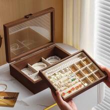 1 pieza Caja de almacenamiento de joyas de lujo, caja de joyas multifunción para collares y aretes con tapa, caja de joyas de nogal negro a prueba de polvo con tapa transparente, compartimentos con forro de tela, organizador de joyas de estilo europeo, exhibición de joyas (joyas no incluidas solo para exhibición)